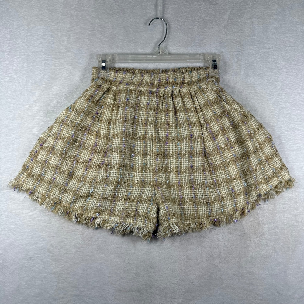 BURU Tan Gold Tweed High Waist Fringe Hem Shorts XS Made in USA